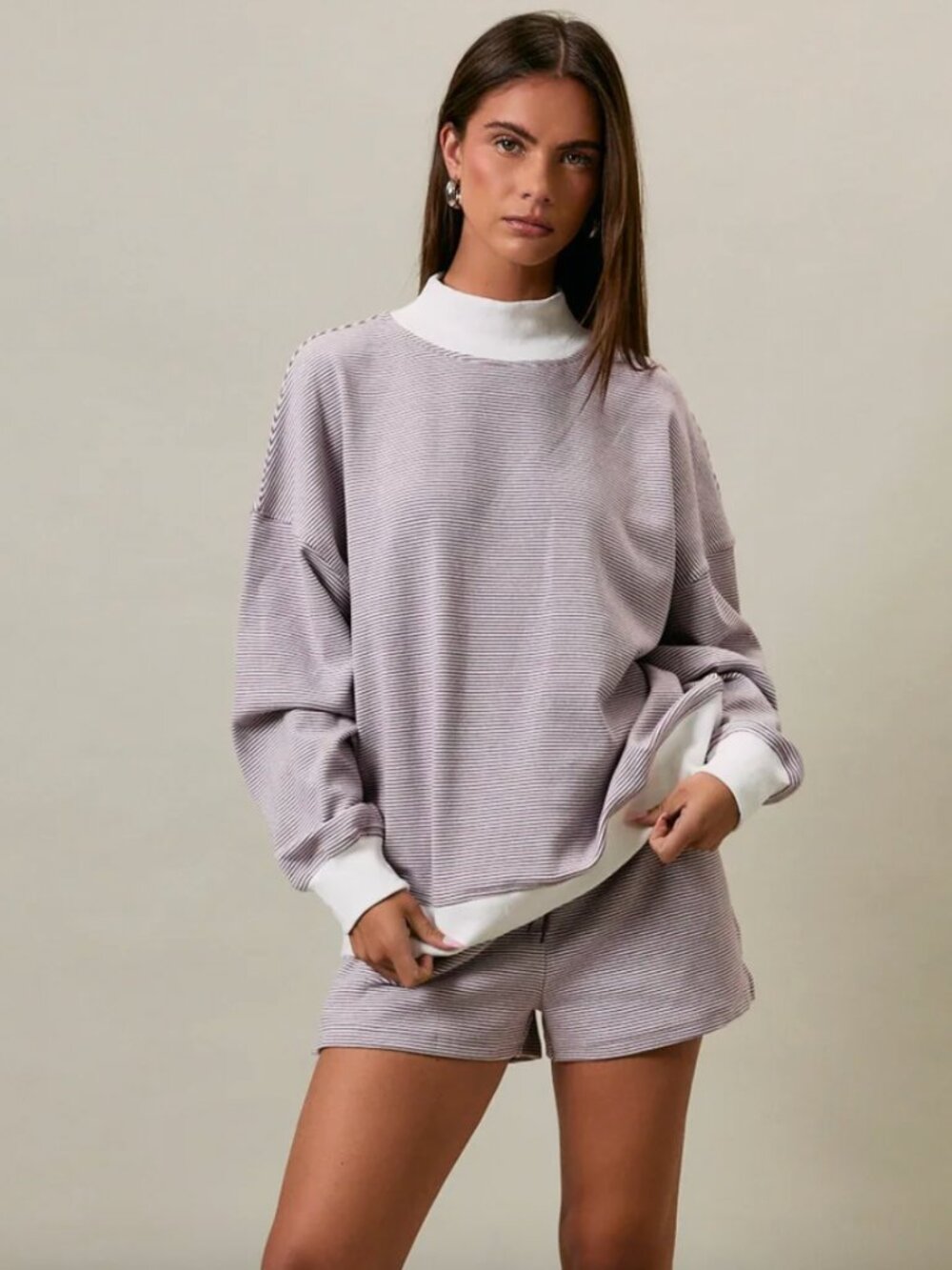 LE LIS Lavender Mock Neck Stripe Set